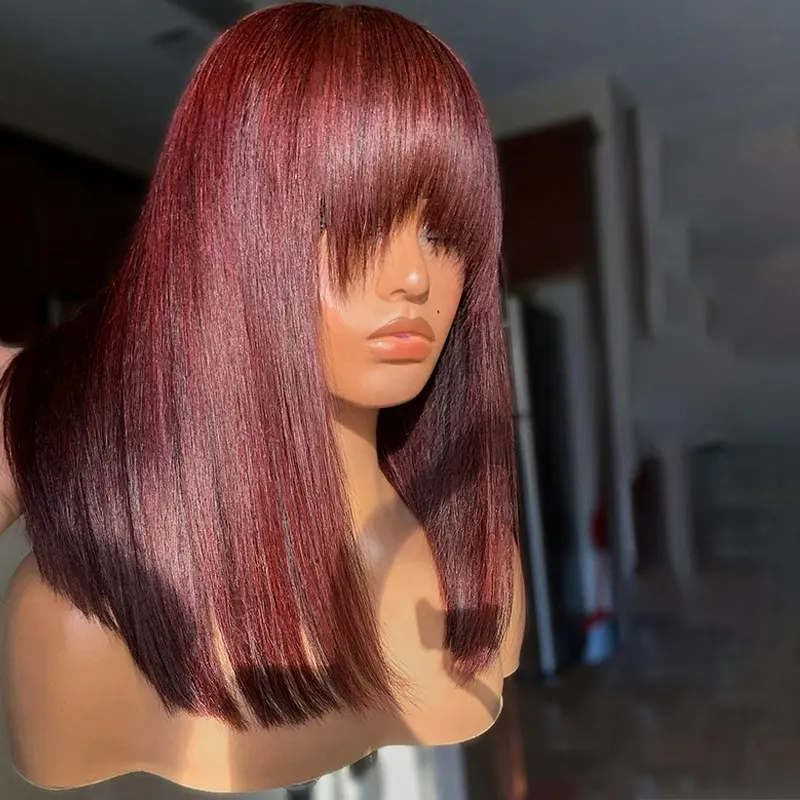 99j Burgundy Wig Human Hair,Fringe Bone Straight Peruvian Hair Wig Brazilian,Natural Machine Made 100 Human Hair Wigs With Bangs