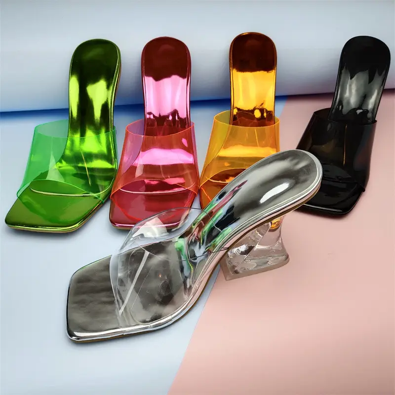 YQY0262-Sandalias de tacón alto de cristal para mujer, zapatos cuadrados de Color transparente, zapatillas de PVC