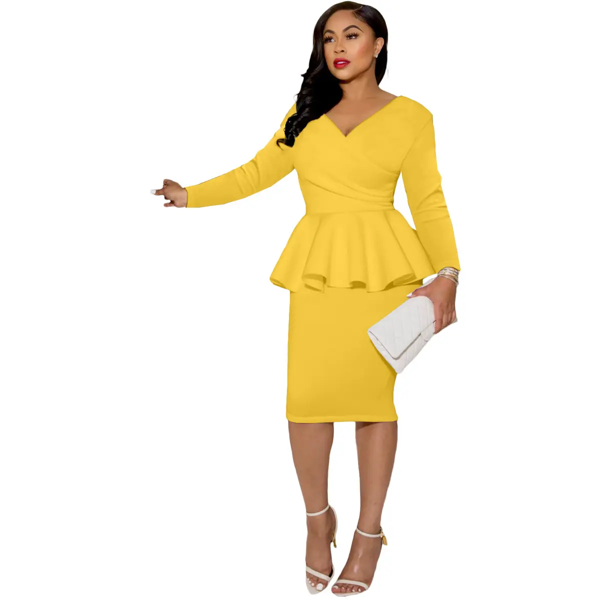 Women Lady Long Sleeve V-neck Vintage Elegant Dresses Wear To Work Business Party Office Women Casual Party Dress
