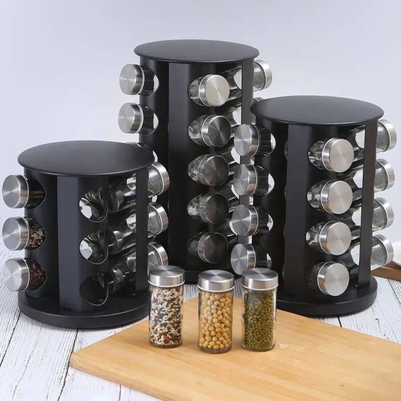 Organizador giratorio de tarros de especias de acero inoxidable, juego de estante con botellas de vidrio, estante de Metal para especias de cocina