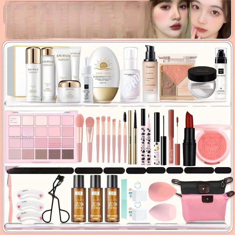 Set completo de productos de maquillaje y cuidado de la piel.