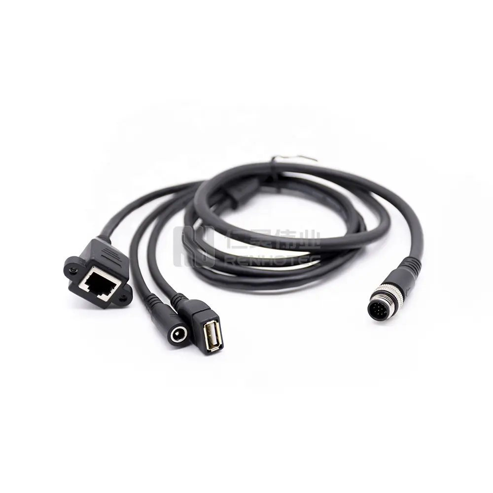 M12 12 Pin Kabel Ke USB DC RJ45 Ethernet Connector Assembly Cable Disesuaikan