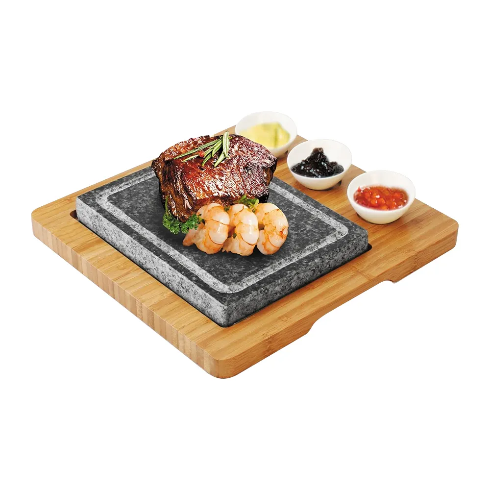Set completo Lava Hot Steak Stone Plate griglia da tavolo e Cold Lava Rock grigliate Stone piatti laterali in ceramica e piatto di bambù