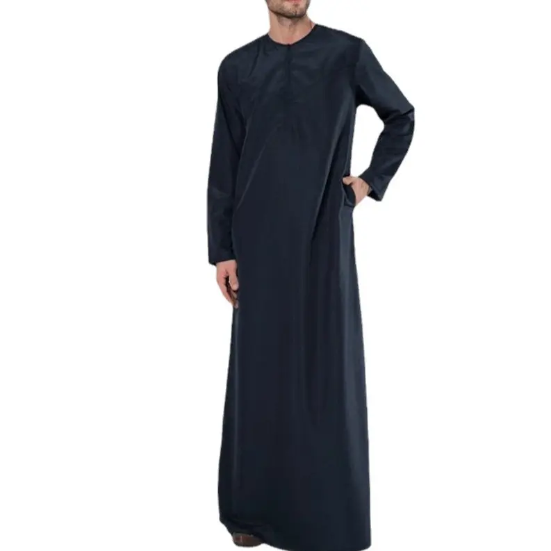 Venta caliente vestido musulmán hombre árabe islámico thobes ropa de hombre superventas ropa islámica hombres árabe Thobe cuello redondo algodón hecho