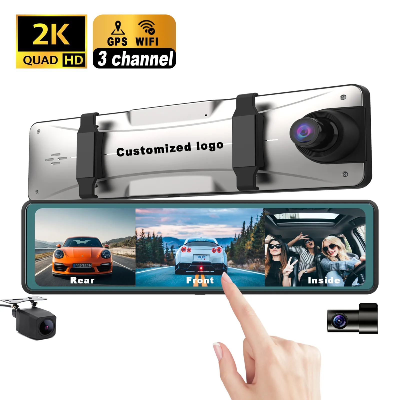 Pantalla táctil de 12 pulgadas espejo retrovisor cámara de salpicadero 3 canales 2K WiFi cámara de salpicadero frontal trasera e interior 3 lentes 2K WiFi GPS dashcam