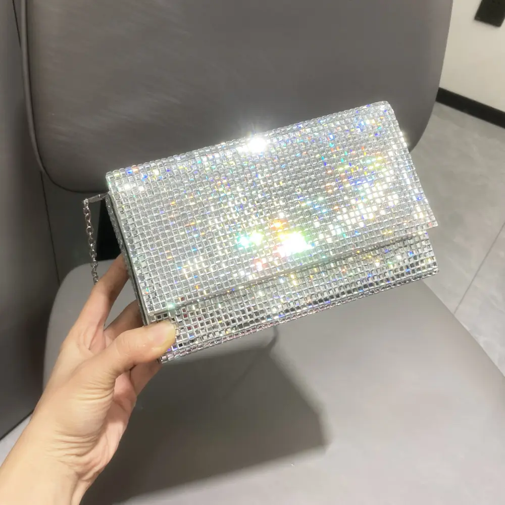 Pochette de soirée design de luxe et sac à main sac à bandoulière poignée strass argent brillant cristal sacs à main de mariage