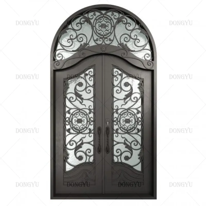 Haiti wholesale exterior french double tempered glass with mosquito net screen wrought iron door