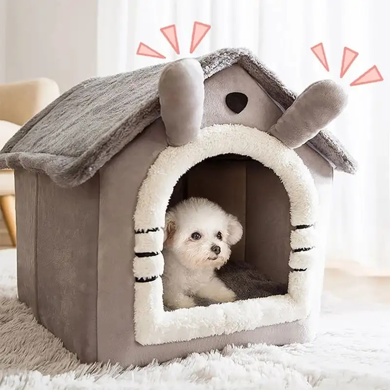 Casa de cachorro macia, cama de pelúcia fechada e interna com almofada removível, acessório para cão