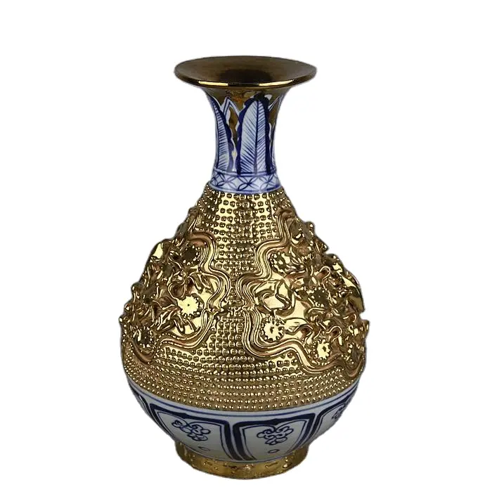 New Product Yuan Blue and White Hand-carved and Pinched Gold Flower Jade Pot Spring Vases for Collection