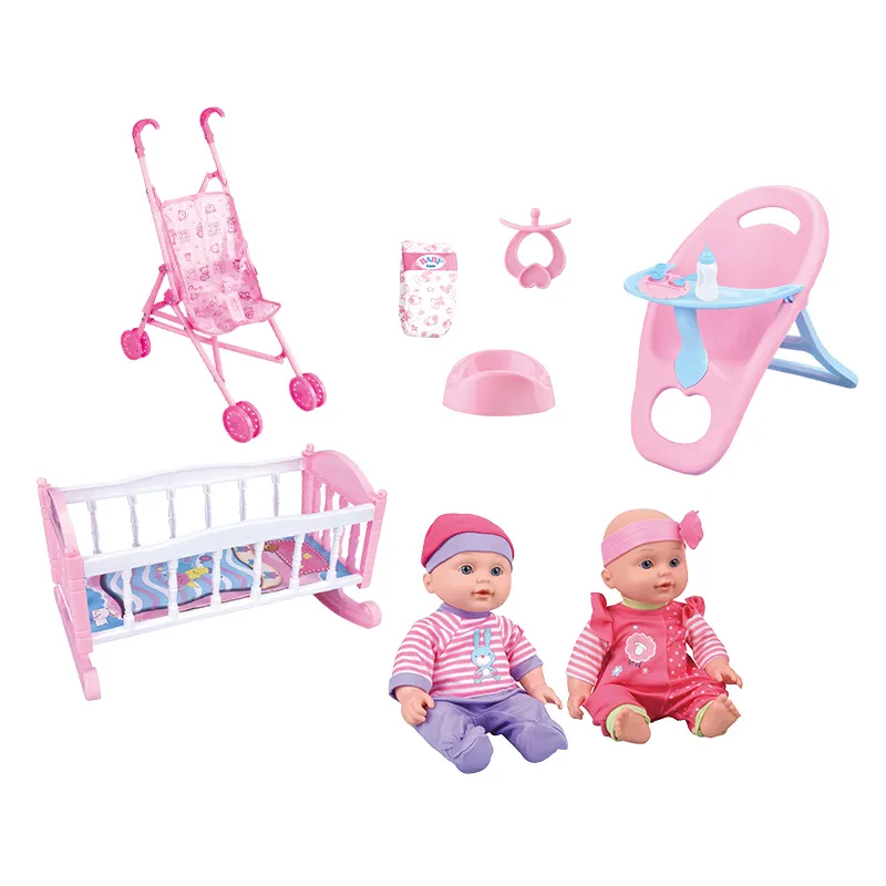 12" Girls simulation small baby doll and stroller set with stroller bed chair