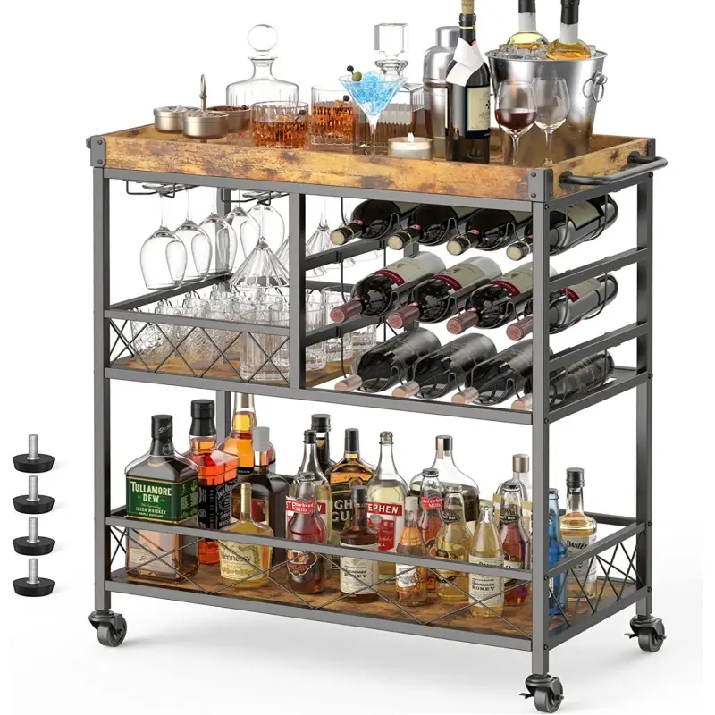 Retro Bar counter Cart 3 Tier Mobile Mini Bar Serving Cart and Coffee Station with Storage for Serving and Kitchen Room
