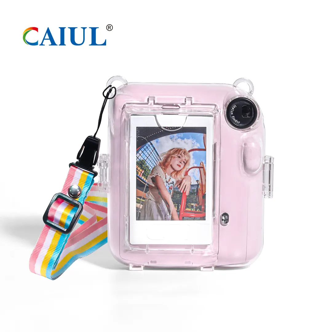 Étui de protection transparent antichoc pour Fujifilm Instax Mini 12 étui de caméra en cristal transparent avec sangle arc-en-ciel réglable