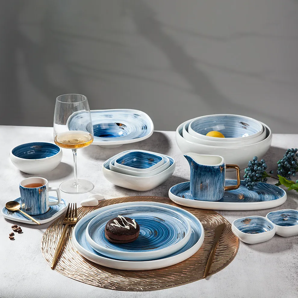 Nuovo design blu gres porcellanato set di stoviglie acqua increspatura oro glassa bianco glassa hotel casa set di stoviglie per feste moderno