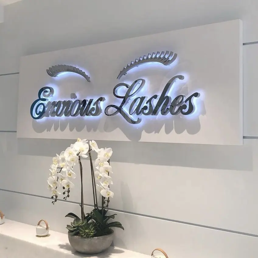 Custom Indoor Wall Mounted Backlit Logo Led Letters Sign With Metal Backboard For Lashes Nails Shop