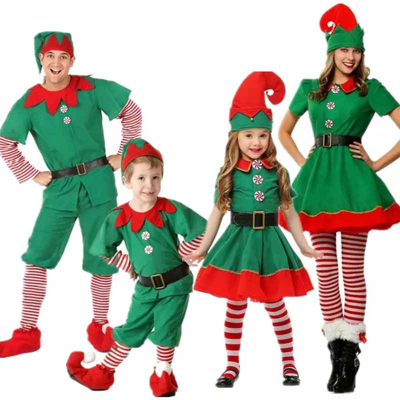 卸売新年クリスマスドレス大人と子供のためのグリーンエルフの服クリスマスマッチング家族の衣装