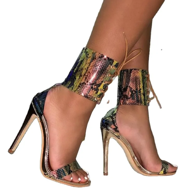 Sandalias de tacón de aguja de serpiente holográfica para mujer, con cordones en el tobillo, a la última moda