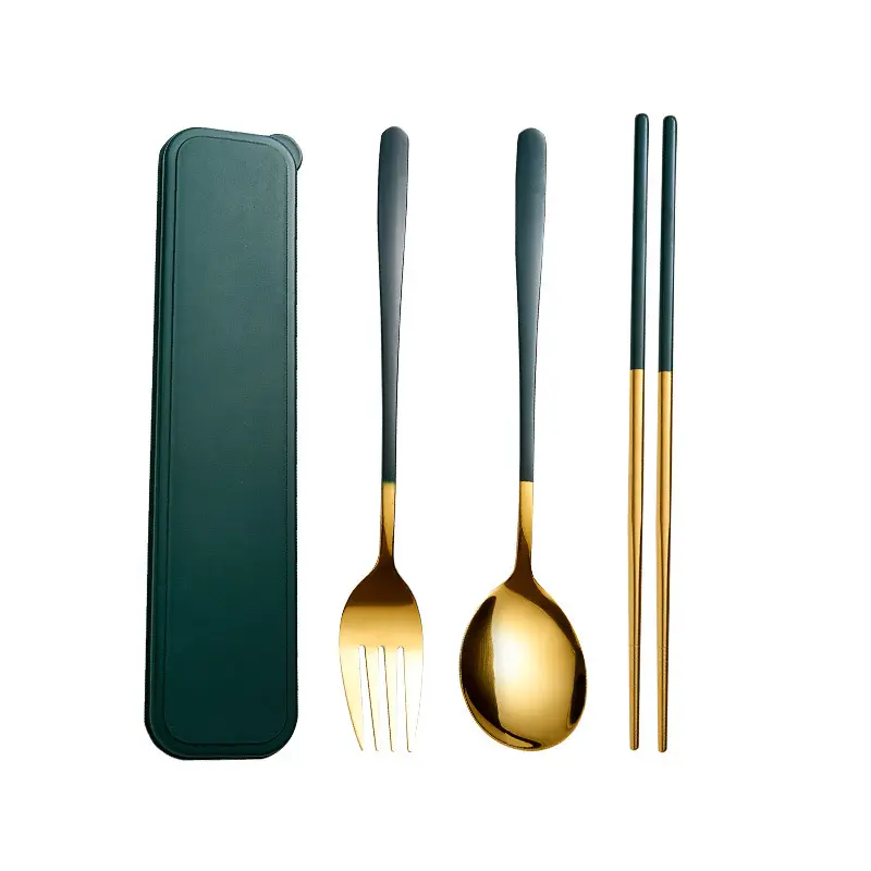 Penjualan laris 410 sumpit Korea portabel 3 buah, sendok garpu, sendok dengan casing kotak warna, set alat makan emas untuk berkemah luar ruangan