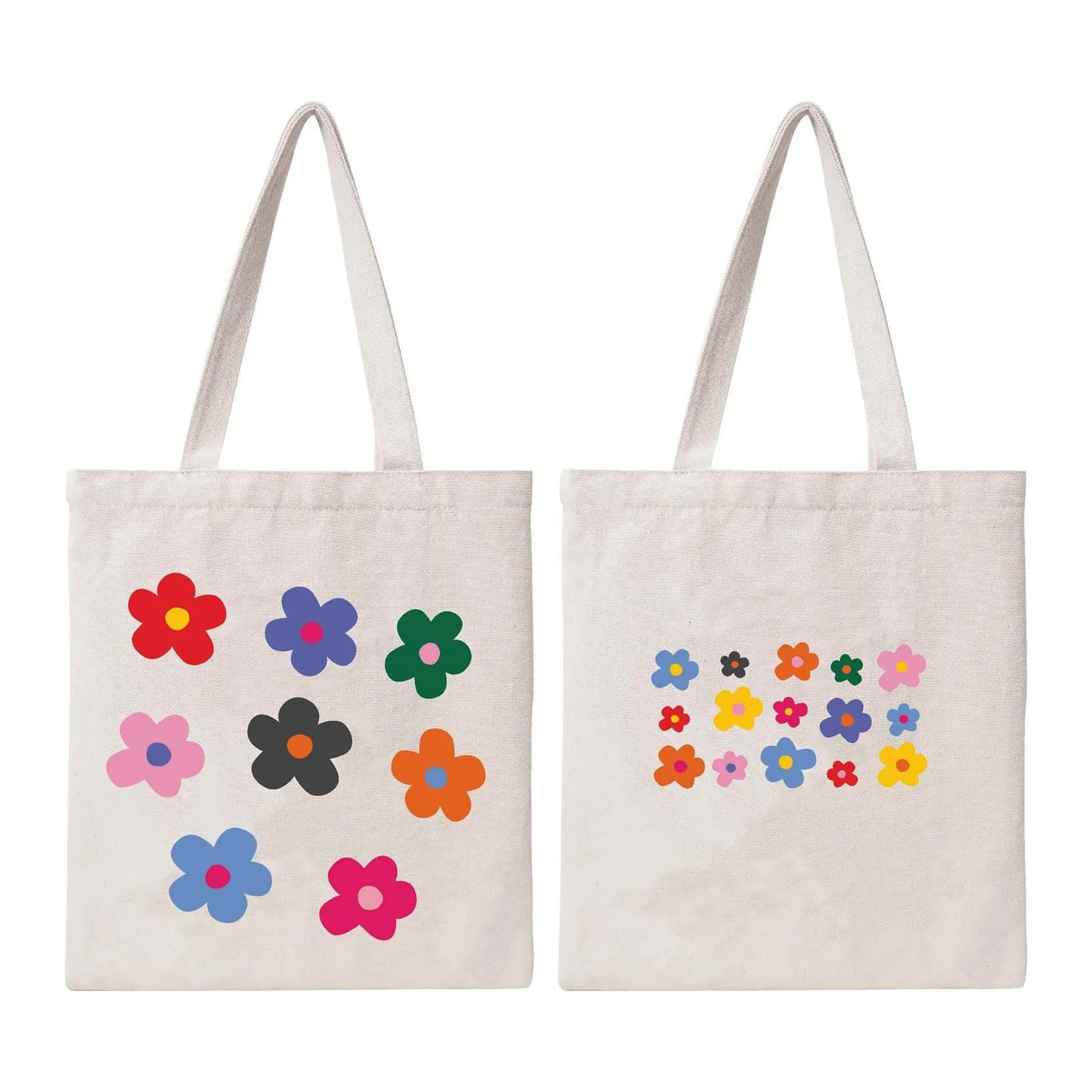 Ladies Colorful Cartoon flower pattern tote customized LOGO heavy purchase shopping beach Travel white cotton bag for gift