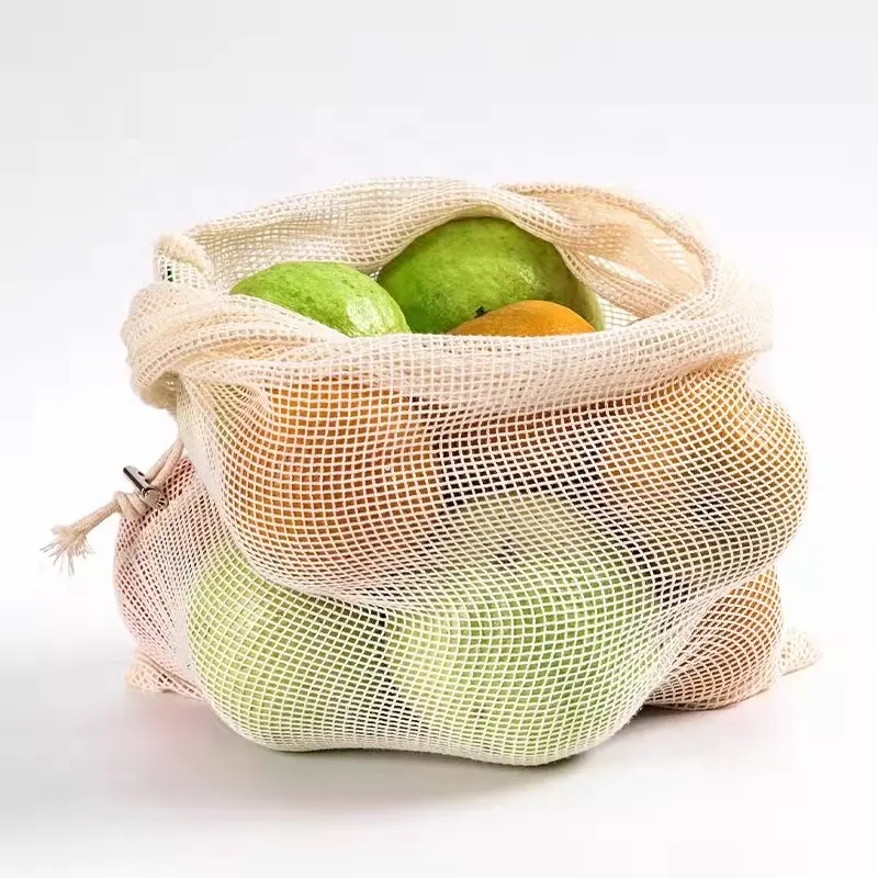 Obst Baumwolle Gemüse taschen Wieder verwendbare Home Kitchen Storage Mesh Taschen produzieren Baumwolle Mesh Taschen mit Kordel zug