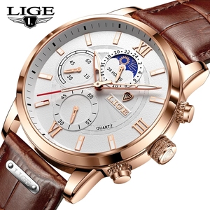 Lige relógio masculino de luxo de 8932, relógio esportivo impermeável com cronógrafo de quartzo e lua 24 horas