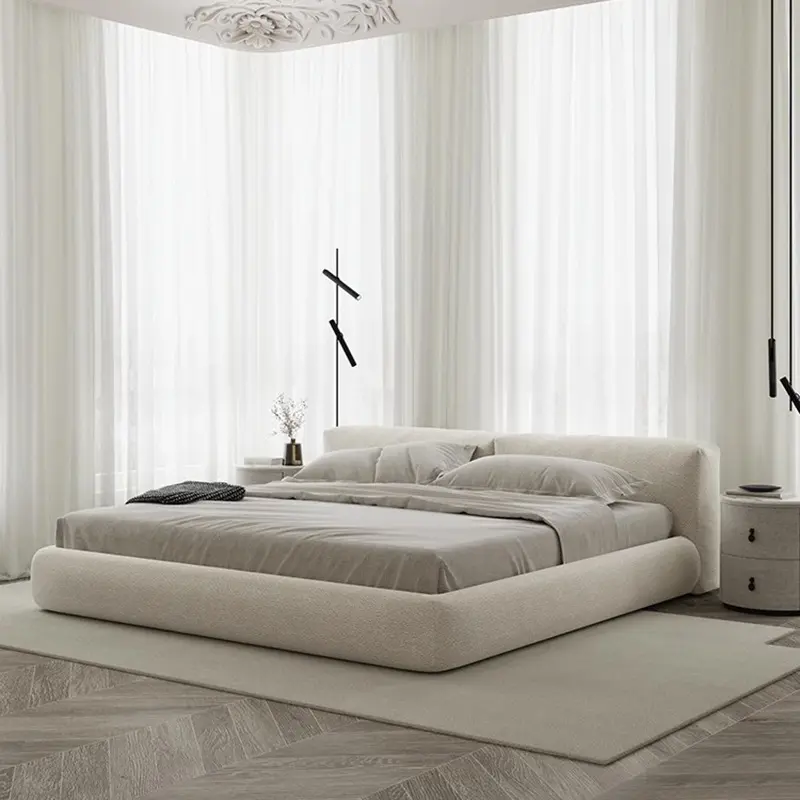 Cama de luxo leve estilo creme francês mobília do quarto para baixo macio moderno simples tecido cama king size