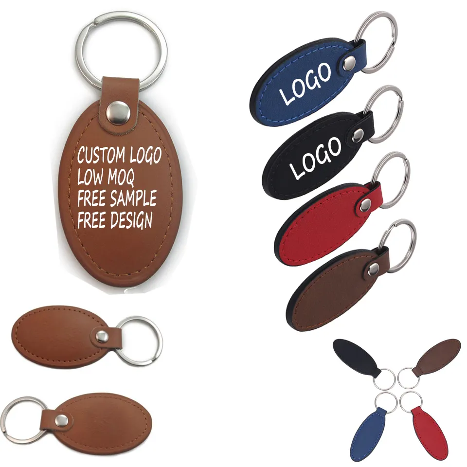 Vente en gros de logo personnalisé gravure laser ovale vierge en métal PU cuir portable porte-clés de voiture anneau étiquettes à bagages porte-clés