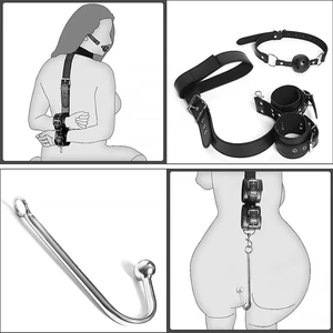 牛西达性束缚项圈，带肛门钩和球塞，BDSM奴隶皮革脖子到手腕束缚约束套件，古怪顺从