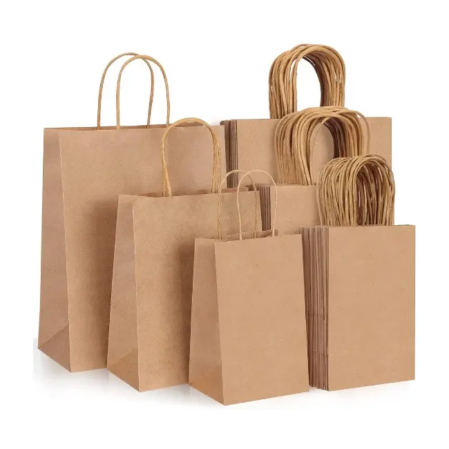 Bolsas de papel Kraft marrón personalizadas con logotipo Bolsas de papel con asas Bolsas de compras para regalos del mercado minorista