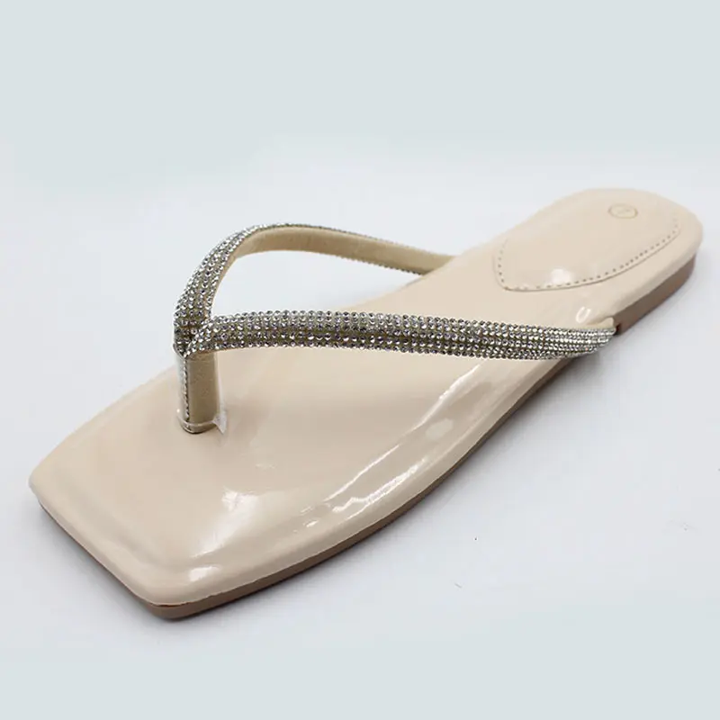 Sandalias planas con diamantes de imitación para mujer, chanclas con Tanga elegante, sandalias bajas con punta abierta cuadrada