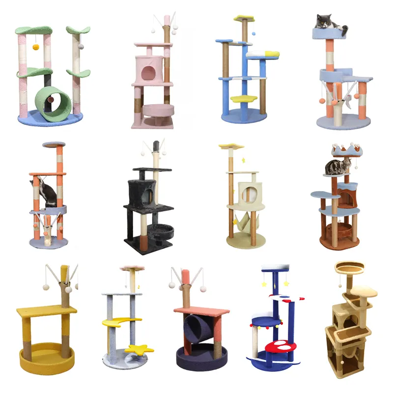 Cat Climbing Frame Scratching Post Cat Tree Tower with Hammock and Toys Hot Selling Factory Wholesale Creative Carton for Cats