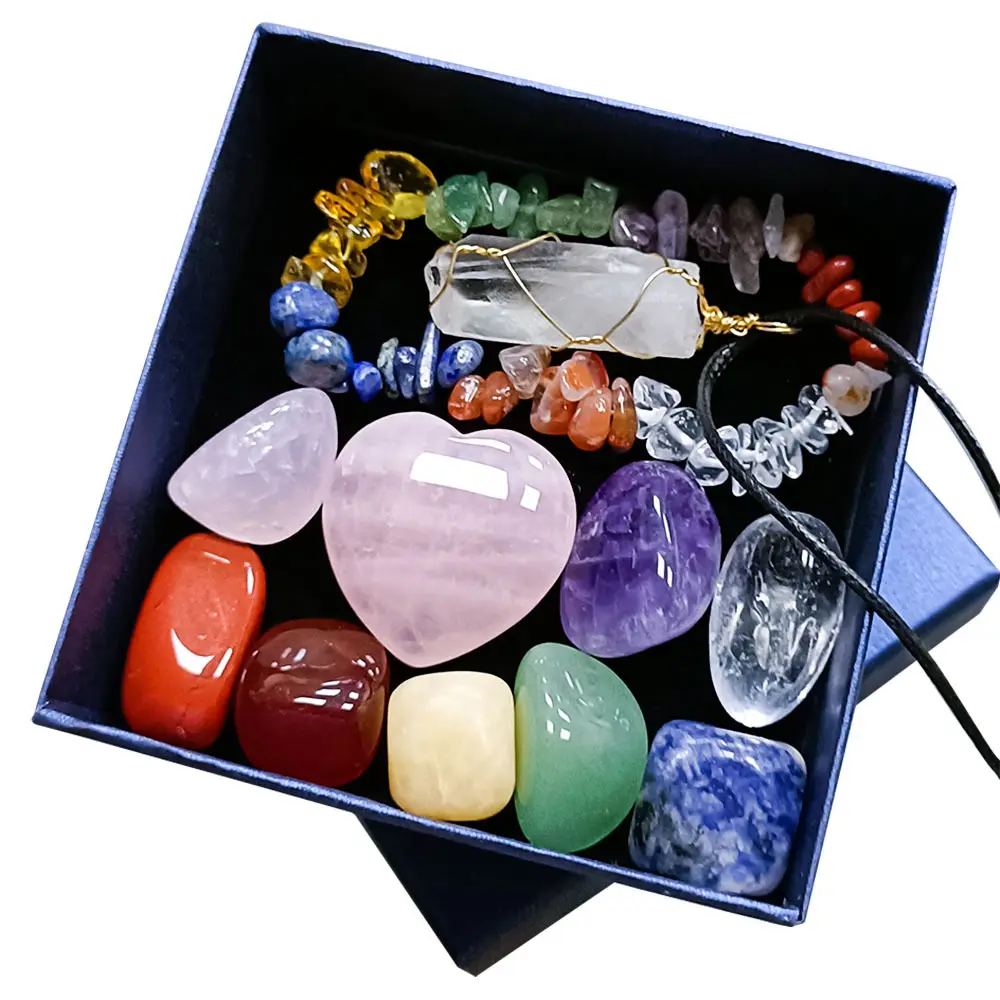 Venta caliente Meditación espiritual Cristal Corazón Piedras curativas Cristal 7 Chakra Tumbling Stone Box Set