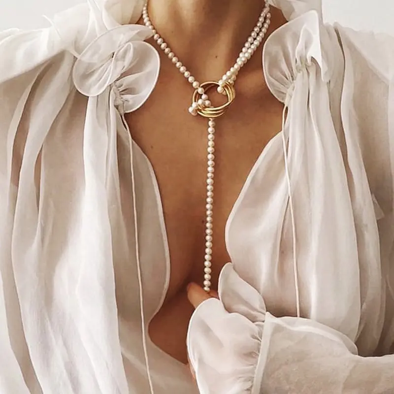 Simulato Pearl Wrap Collana di Metallo Geometrica per Le Donne della Festa Nuziale Lungo Del Maglione Perle Del Pendente Strand Collane Dei Monili del Regalo