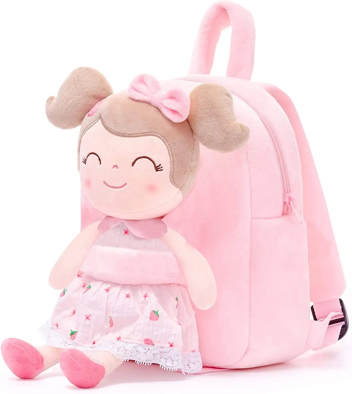 Mochila para meninas, mochilas para meninas, bolsa de pelúcia com boneca macia para crianças pequenas, morango