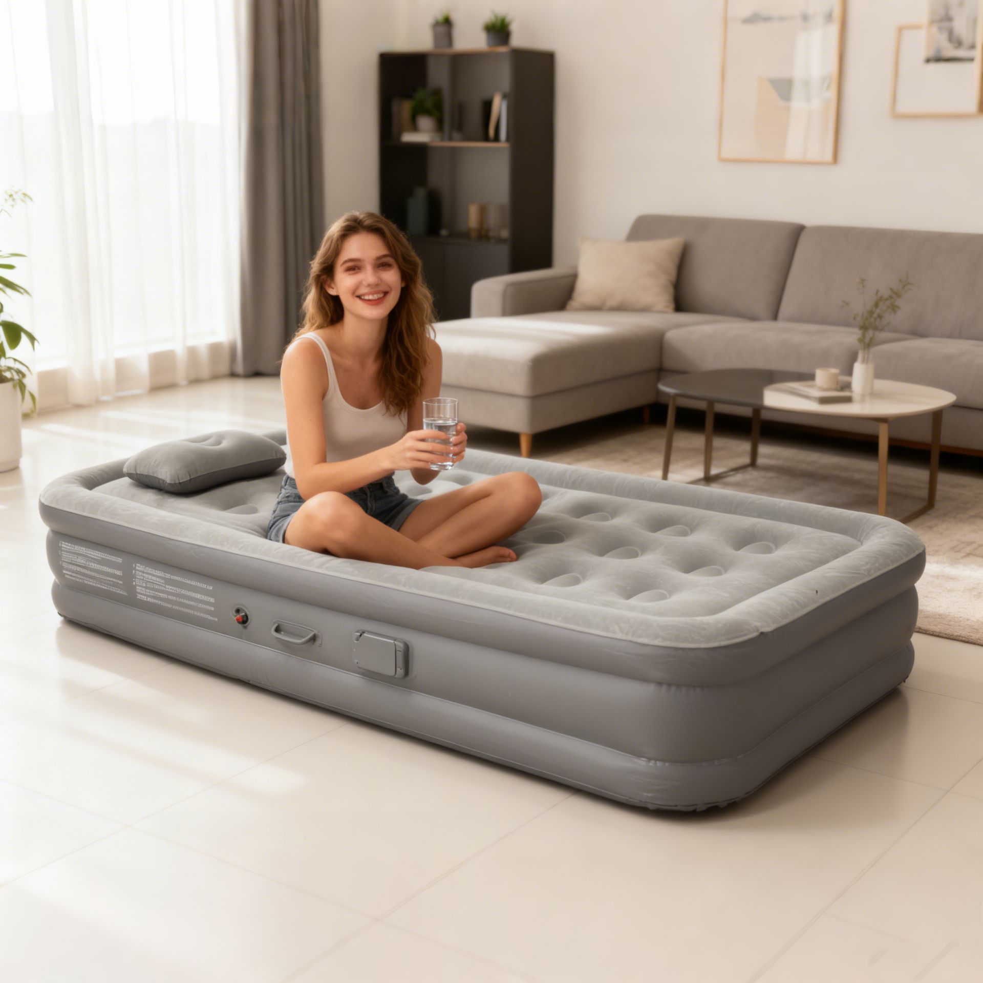 Cama inflable automática con flocado - gris