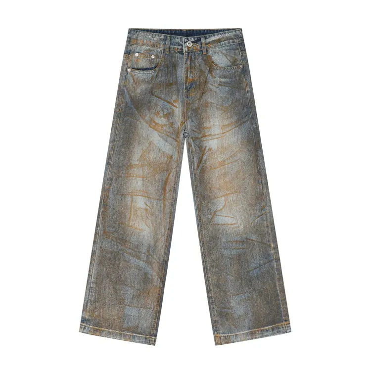 Haute qualité jambe droite hommes Jeans Street Wear Vintage lavage sale boue peinture éclaboussures Denim Jeans pantalons pour hommes