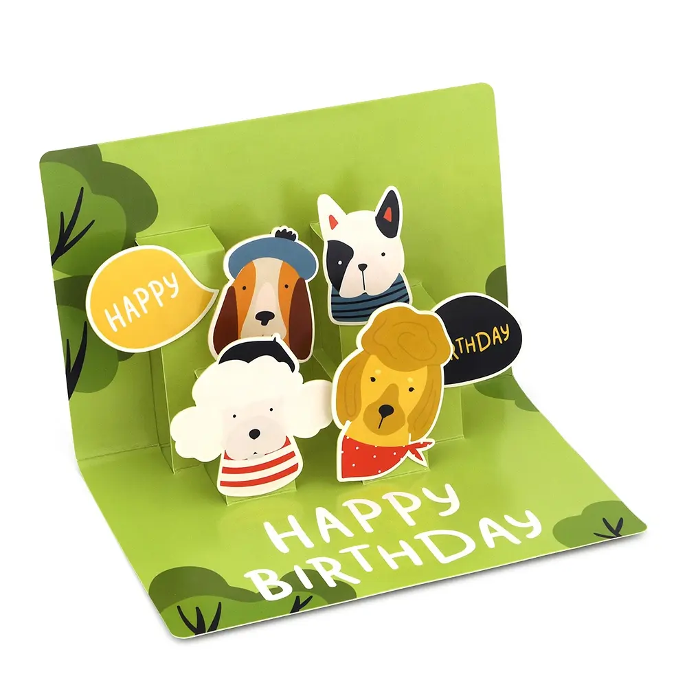 Tarjetas de Felicitación 3D Pop-Up con sobres, impresión personalizada, animales de papel verde hechos a mano, perro único, feliz cumpleaños