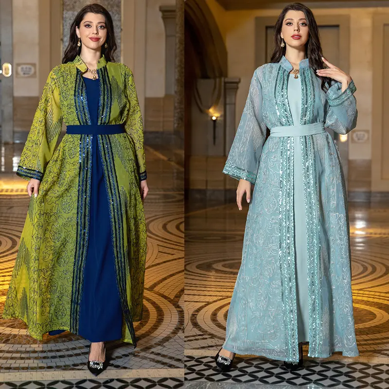 Conjunto de vestido de noite muçulmano feminino chique manga babado bordado quimono abaya e colete interno Oriente Médio Dubai Turquia roupão de festa
