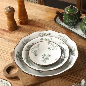 Винтажный зеленый богемный набор керамической посуды с ручной росписью подглазурные наборы посуды - Product Image 4