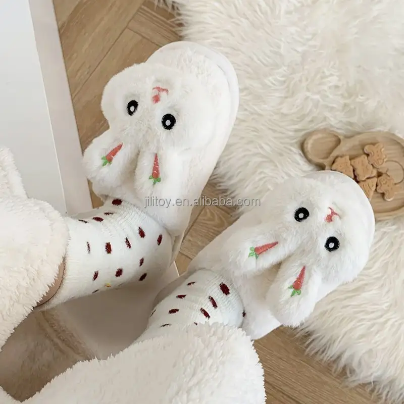 Lapin peluche jouet moelleux pantoufles chaussures antidérapant doux chaud hiver pantoufles pour femmes Polyester cadeaux/maison chaussures AIXINI