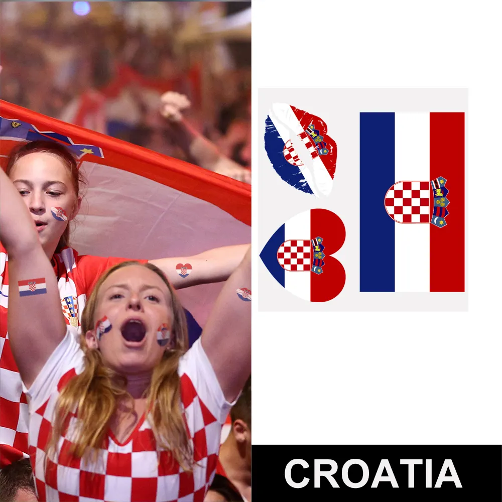 La croazia personalizza gli adesivi per il viso della parata della festa di festa all'ingrosso tifosi della partita di calcio cheer flag adesivi per tatuaggi di alta qualità