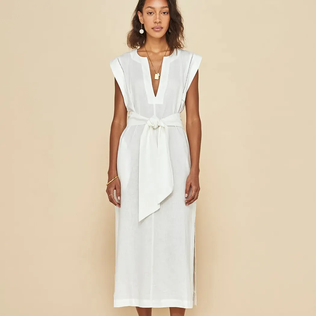 New Trendy Wholesale Women Deep V Neck Sleeveless Tie Front White Linen Maxi Dress