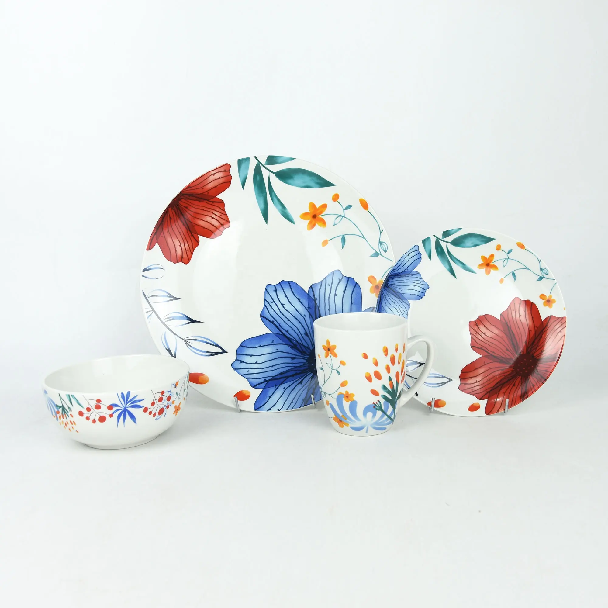 Set makan malam porselen dengan desain bunga 16 atau 24 buah set peralatan makan grosir set hadiah ritel pola bunga piring penjualan laris
