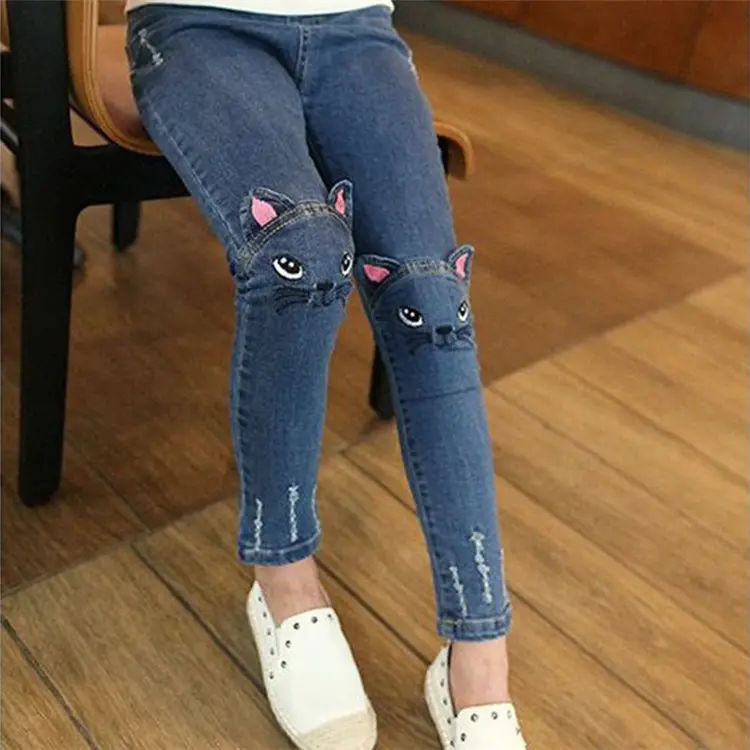 2-10 Yrs Toddler Girl Leggings Bordados Cartoon Padrão Jeans Crianças Calças para Bebê Crianças Cute Calças Nova Chegada