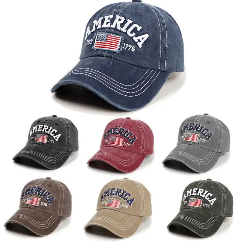 Unisex Style Brim Beige USA Flag Embroidery Hat