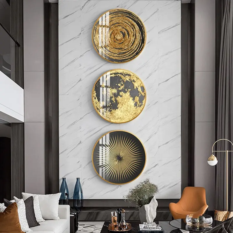 Pintura de pared Circular abstracta de estilo americano para sala de estar, Mural de Horloge dorado para porche