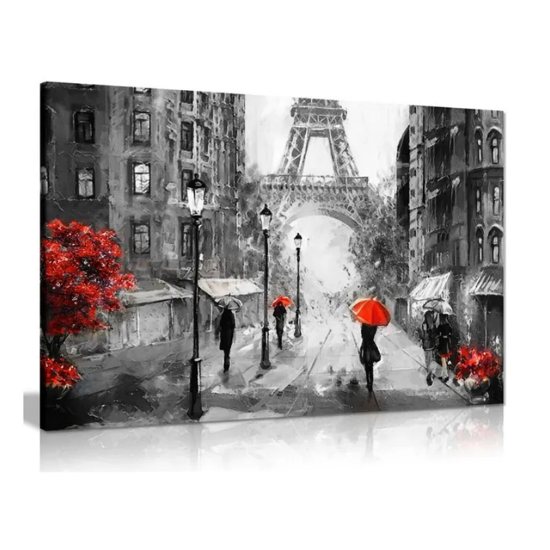 블랙 화이트 레드 유화 파리 에펠 탑 거리 캔버스 그림 인쇄 홈 장식 캔버스 벽 예술 포스터 인쇄 페인트