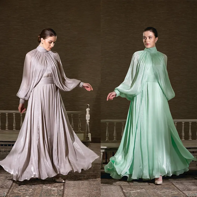 2024 nuovo design musulmano con finitura satinata in chiffon abaya dubai abiti da sera con maniche alte a collo alto modesti