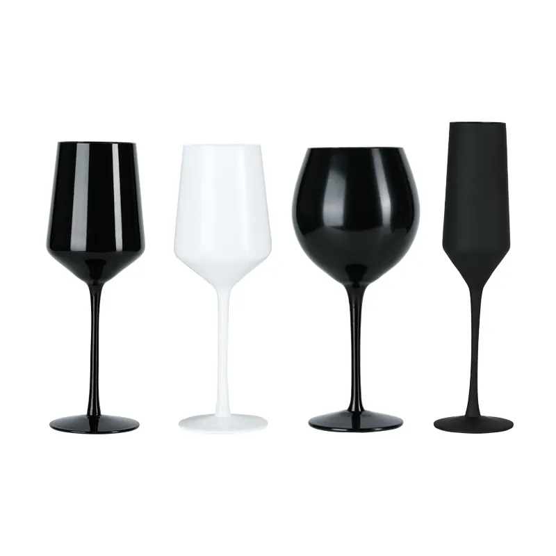 แก้วแชมเปญสีขาวดำแบบเป่าด้วยมือแก้วไวน์แดงแชมเปญสีที่กำหนดเอง
