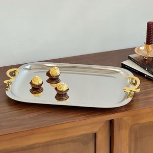 2025 Bán hàng nóng ánh sáng sang trọng bạc nghệ thuật khay kim loại thép không gỉ thực phẩm phục vụ khay thiết lập với xử lý Vàng - Product Image 4