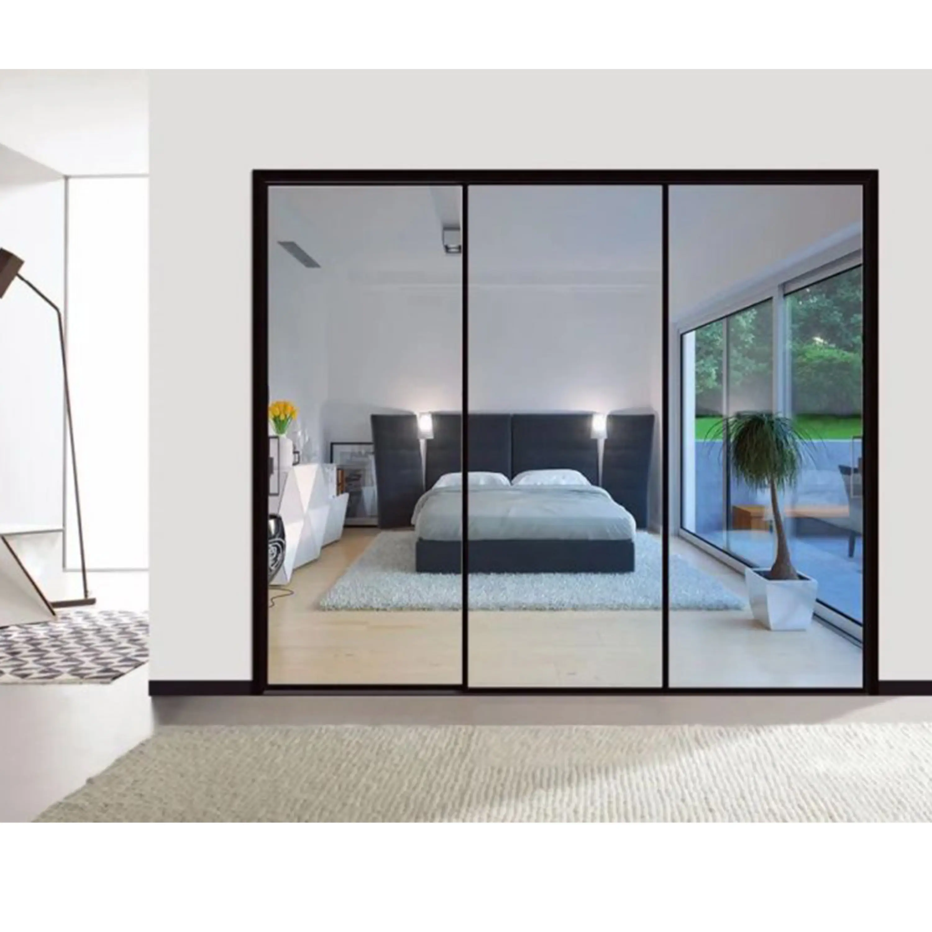 Système de portes coulissantes multiples en verre suspendu hydraulique pour salon cuisine intérieur pleine vue cloison vitrée